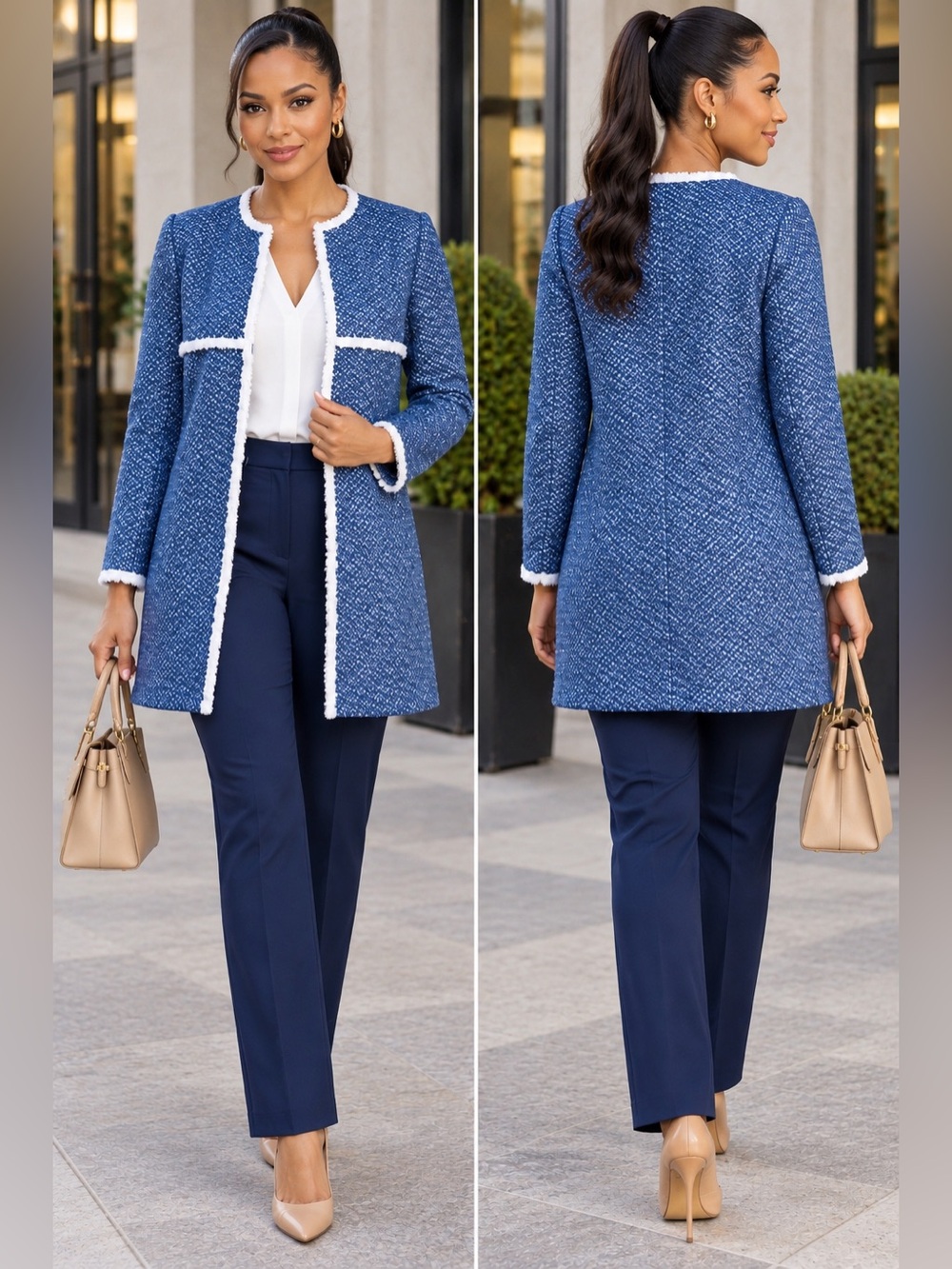 J. McLaughlin Blue Fringed Tweed Coat Jacket with White Trim S💙💙💙💙💙